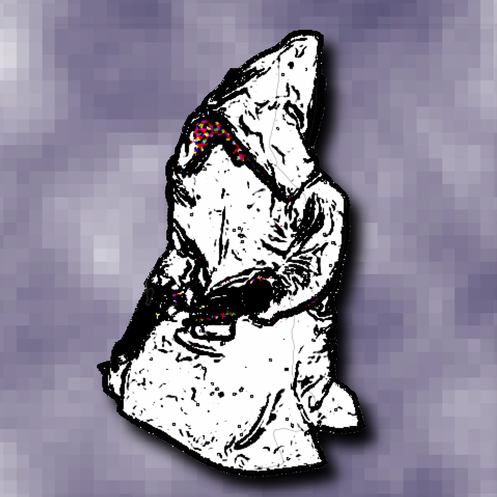 The BooshTukka figure: a hooded, kneeling shape drawn in black outline against a purple pixel mosaic.